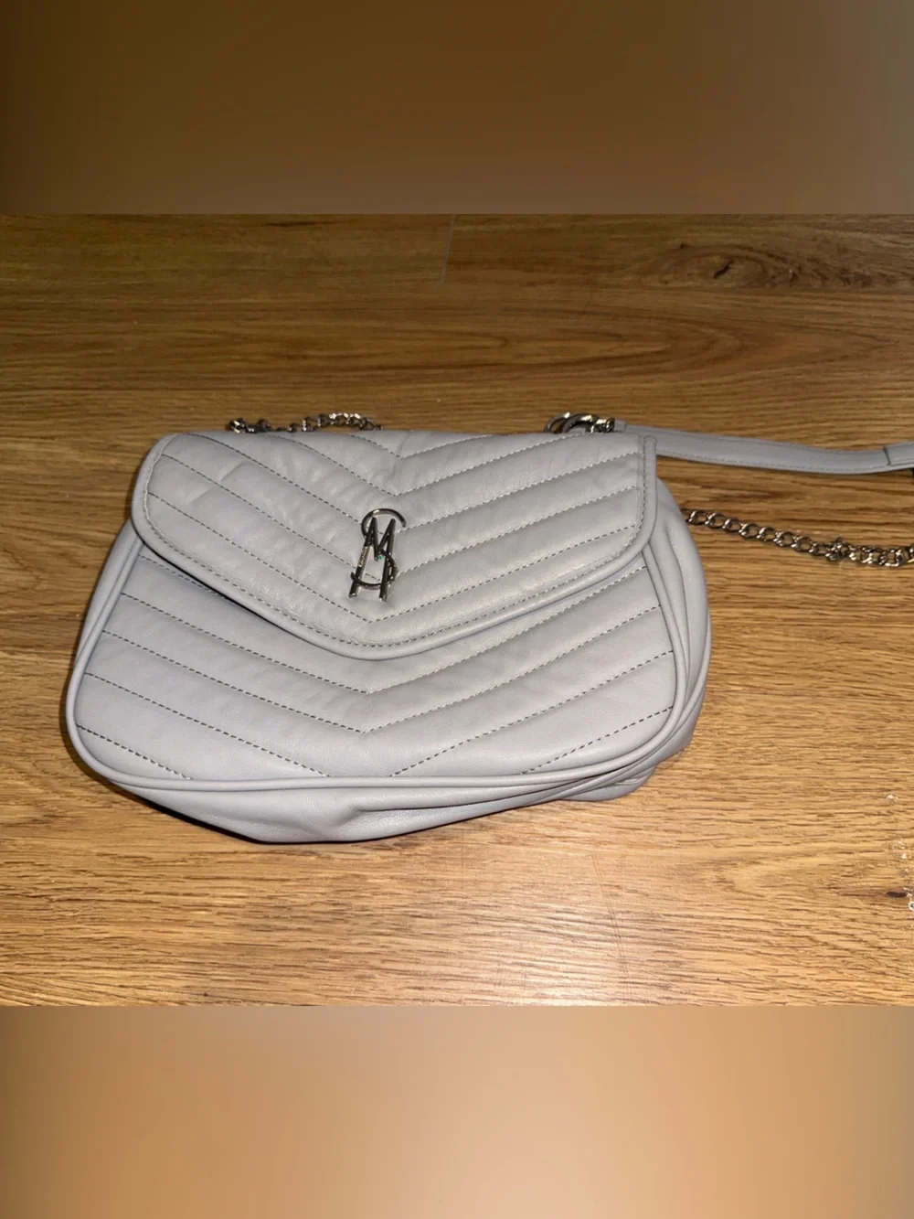 Steve Madden Quilted Light Gray Crossbody Bag with Chain Strap